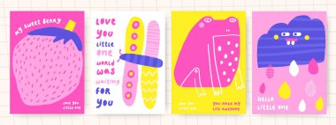 Güzel karalama doğum günü, parti, bebek duşu kartları, broşürler, çilekli davetiyeler, kelebek, kurbağa, su damlalı yağmur bulutu. Çizgi film karakterleri, nesneler arka plan. Yazdırılabilir şablonlar ayarlandı