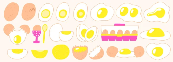 Doodle Lindo Conjunto Huevos Estilo Moda Frito Hervido Pollo Crudo — Archivo Imágenes Vectoriales