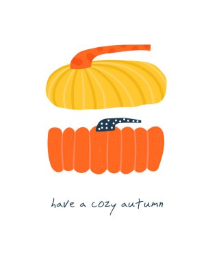 Güzel el çizimi balkabaklarıyla sonbahar kartpostalı. Sonbahar kapağı, sayfa, şablon, afiş, broşür, broşür, poster, baskı, komik nesneli kart. Çocuklar ve çocuklar için mevsimlik konforlu sonbahar geçmişi