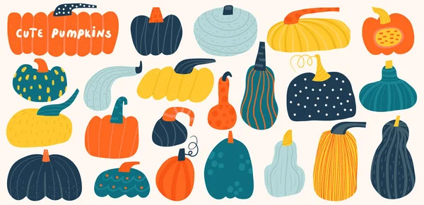 Pumpkins Set Cute Hand Drawn Doodle Gourds Collection Kids Children — Stock Vector