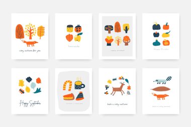 Karalama sonbahar kartpostalları. Sevimli el çizimi çizgi film stili kart, kapak, baskı, sayfa, güz elementleriyle broşür, ağaçlar, hayvanlar, bitkiler, palamut, tilki, dişi kuş, kızılcık kabağı, güz güz doğası