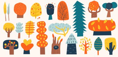 Güzel el çizimi sonbahar ağacı seti. Komik çizgi film tarzı orman, orman elementleri, meşe, çam, ladin, huş ağacı, gövde, kürk ağacı, kavak ağacı, kavak, kestane. Çocuk yuvası için klip sanatı