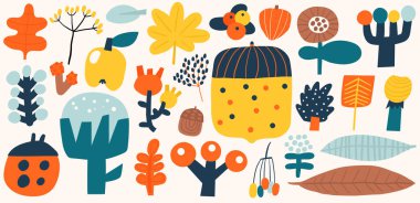 Karalama bitkileri hazır. Tatlı el çizimi çizgi film tarzı sonbahar orman yaprakları, böğürtlen, çiçekler, meşe palamudu, kızılcık, dişi kuş, inek üzümü, elma, rowanberry, pamuk. Çocuklar için sonbahar dekoratif öğeler