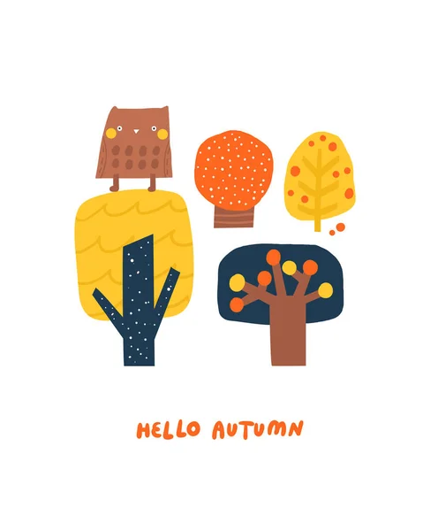 Autumn Postcard Cute Hand Drawn Doodle Owl Trees Oak Autumnal — Stock Vector