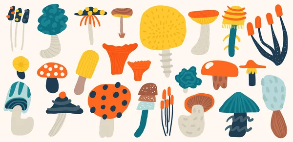 Doodle Mushrooms Set Cute Hand Drawn Cartoon Style Autumn Poisonous — Stock Vector