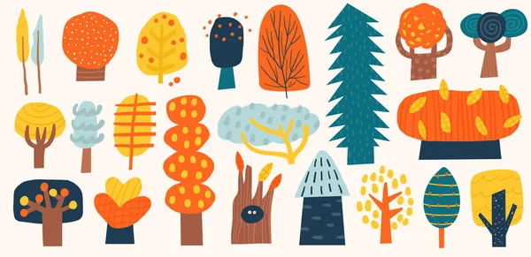 Güzel el çizimi sonbahar ağacı seti. Komik çizgi film tarzı orman, orman elementleri, meşe, çam, ladin, huş ağacı, gövde, kürk ağacı, kavak ağacı, kavak, kestane. Çocuk yuvası için klip sanatı