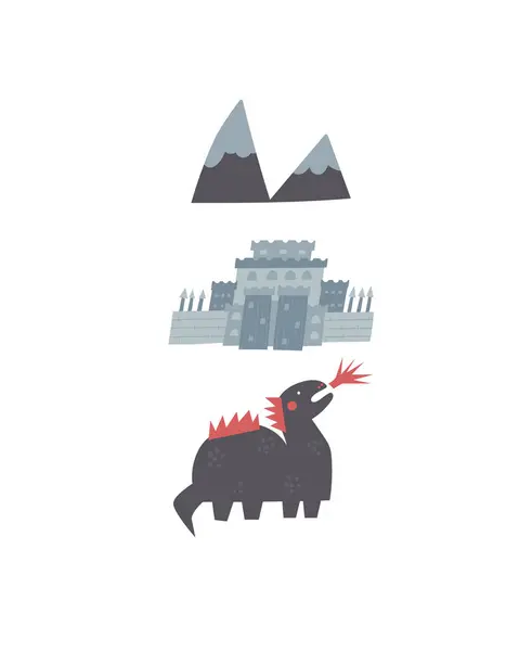 Cartolina Favola Con Simpatico Drago Scarabocchio Disegnato Mano Castello Montagne — Vettoriale Stock