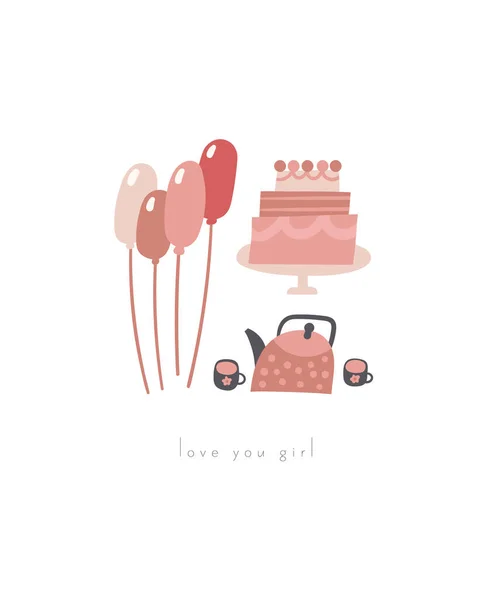 Märchenhafte Babydusche Geburtstagspostkarte Mit Süßem Handgezeichnetem Doodle Kuchen Teekanne Tassen — Stockvektor