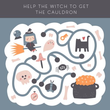 Cadılar Bayramı labirentinde cadı, kazan, kedi, kafatası, güve, hayalet, süpürge olan sevimli bir peri masalı. Çocuklar için peri masalı sihirli fantezi bulmacası. Komik çizgi film stili labirent, sevimli karakterli.