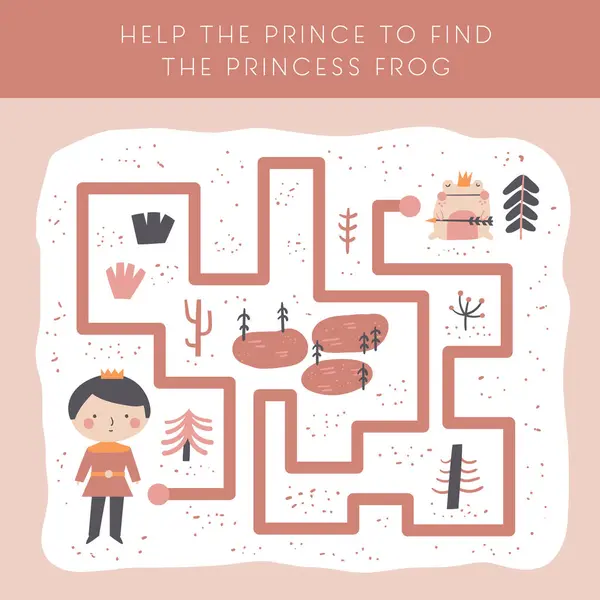 プリンス プリンセスカエル 木とかわいいおとぎ話の落書きの迷路 おとぎ話 子供のための魔法のファンタジーパズル 愛らしいキャラクターと面白い漫画スタイル迷宮 — ストックベクタ