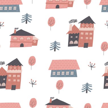 Tatlı peri masalı kusursuz desen. Evler, binalar ve ağaçlarla komik el çizimleri tekrarlanabilir desen. Krallık temalı arkaplan