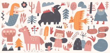 Masal nesneleri dizildi. Çocuklar için güzel bir el çizimi krallık klip sanatı. Sihirli eşyalar, denizkızı, tek boynuzlu at, ejderha, ateş kuşu, peri, cüce, bataklık, göl, ağaçlar, tepeler, çiçekler meşe ağaçları