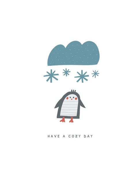 かわいい冬のクリスマス新年のポストカード かわいい手描きのペンギン 冷たい冬の季節のカバー テンプレート ポスター 印刷物 子供のための休日の季節の背景 — ストックベクタ