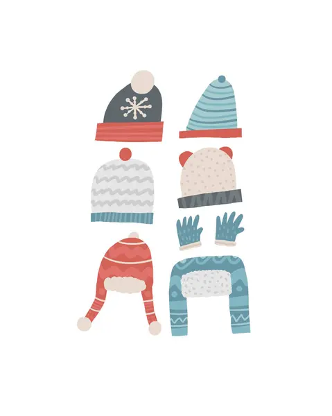 かわいい冬のクリスマス 新年のポストカード かわいい手描きの落書き帽子 耳フラップ帽子 ビーニー 編まれた帽子 冷たい冬の季節カバー テンプレート ポスター 印刷物 — ストックベクタ