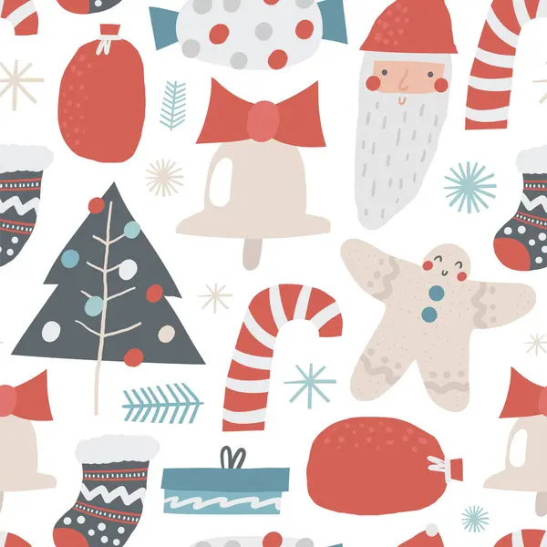 かわいい冬のクリスマス新年のシームレスなパターン サンタ キャンディースティック ジンジャーパンマン ギフト クリスマスツリーで面白い手描きの繰り返し可能なパターン ウィンターシーズン ノエルのテーマ背景 — ストックベクタ