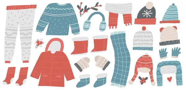 Winter Clothes Set Cute Hand Drawn Doodle Christmas Winter Season — Stock Vector