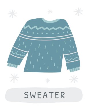 Kış kartı. Çocuklar için İngilizce kelimeler öğreniyorum. Güzel el çizimi, kazaklı eğitim kartı. Okul öncesi öğrenme materyali