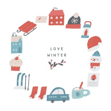 Kızaklı Noel çelengi, evler, Noel Baba şapkası, kardan adam, çoraplar, çay fincanı, kayak, kek, hediye, araba, takvim, ders alanı çizilmiş yuvarlak pankart, davetiye kartı