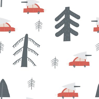 Güzel bir kış Noel 'i, kusursuz bir düzen. Komik el çizimi, Noel ağacı, orman ve kürk ağaçlı araba ile tekrarlanabilir desen çiziyor. Kış mevsimi, Noel, kutup, kutup temalı arka plan