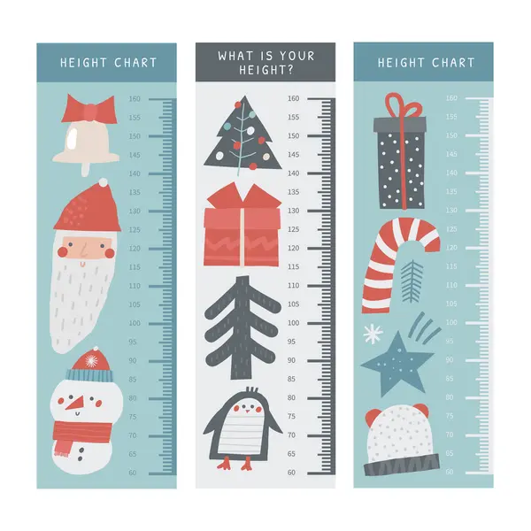クリスマス 冬季の子供の高さ測定 センチメートル サンタ 雪だるまとのチャート 現在の箱 クリスマス ツリー キャンディースティック ペンギン星の火の木 — ストックベクタ