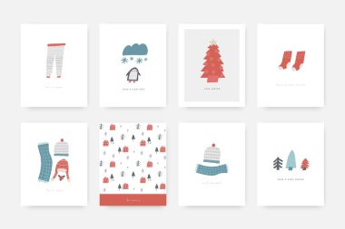 Şirin bir kış yılbaşı kartpostalı, güzel bir el çizimi şapka, atkı, penguen, bulut, çorap, kürk ağacı. Soğuk kış sezonu kapağı, şablon, afiş, poster, baskı. Tatil sezonluk arka planlar