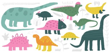 Dinozorlar hazır. Şirin el çizimi otçul dinozor koleksiyonu, Stegosaurus, Triceratops, Diplodocus, Iguanodon, brachiosaurus. Jura dönemi bitkisi çocuklar için hayvan yiyor.