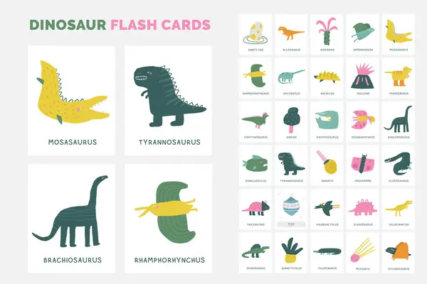 ジュラシック時代恐竜のフラッシュカード 子供のための英語の単語を学ぶ かわいい手で描かれた落書きの教育カード プリスクール学習教材 プリントのための面白い絶滅動物カード — ストックベクタ