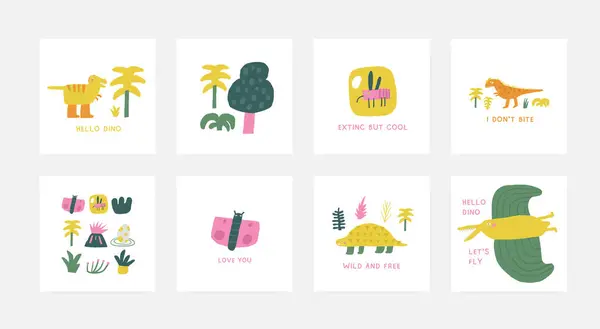 Dino Postcards Set Cute Hand Drawn Doodle Dinosaur Plants Palm — Stock Vector