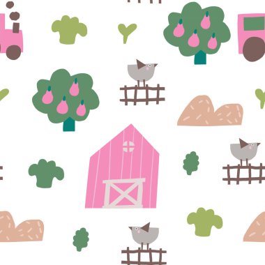 Şirin bir çiftlik, köy, kırsal temalı, pürüzsüz bir düzen. Komik el çizimleri meyve ağacı, tavuk, saman, traktör ve ahır ile tekrarlanabilir desen çiziyor. Çiftlik hayvanlarıyla kırsal yaşam geçmişi