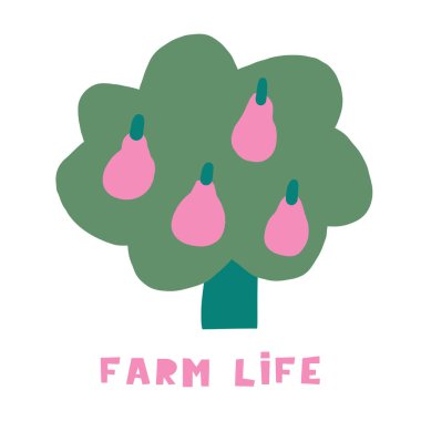 Çiftlik ağacı bileşimi. Sevimli el çizimi armut meyveli tatlı ağaç. Kart, kartpostal, tişört baskısı, kapak, içinde çocuk ve çocuklar için komik bitkiler olan poster.