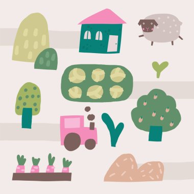 Çiftlik alanı kompozisyonu. Güzel el çizimi lahana bahçesi yatağı, havuç, traktör, ev, ağaçlar, koyun, saman. Kart, kartpostal, tişört baskısı, kapak, çocuk ve çocuklar için komik bir çiftlik haritası olan poster.