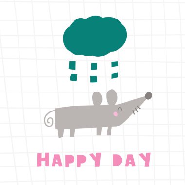 Çiftlik hayvanı bileşimi. Sevimli el çizimi tatlı fare yağmurlu bulutlu. Kart, kartpostal, tişört baskısı, kapak, çocuk ve çocuklar için komik hayvan posteri.