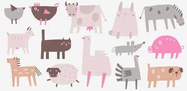 田舎の動物 ペットセット かわいい手描き猫 バニー グース 七面鳥 馬のヤギのヤギ 子供のためのスタイルのアイコン — ストックベクタ