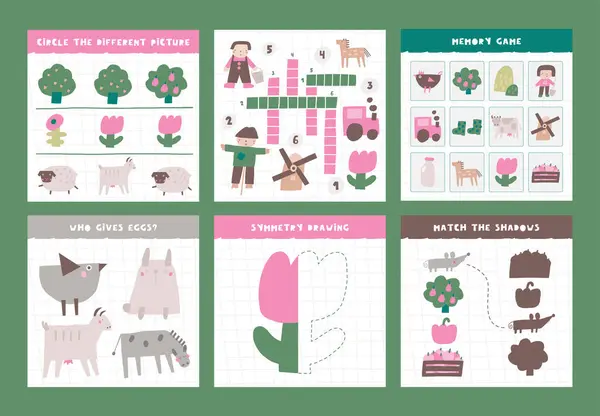 Aprenda Jogos Animais Fazenda Definidos Para Crianças Doodle Mão Bonito — Vetor de Stock