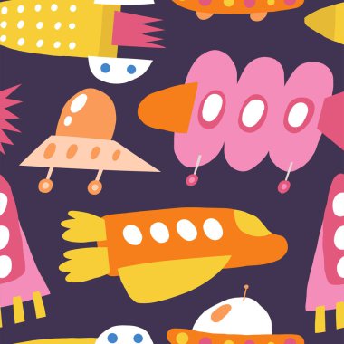 Sevimli evren, uzay, evren kusursuz desen. Komik el çizimleri, uçak, araç, uzay aracı, galaksi, teknoloji, uzay gemisi, UFO ile tekrarlanabilir desen çiziyor. Gece gökyüzü temalı arkaplan