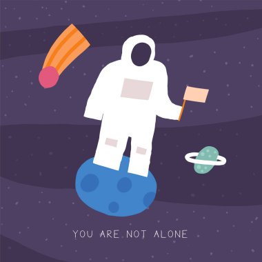 Komik elli şirin bir uzay kartı çizilmiş. Kozmonot, kuyruklu yıldız, gezegen, bayrak, ay. Kozmik, evren, gece gökyüzü örtüsü, şablon, afiş, poster, baskı. Çizgi film stili. Çocuklar için yalnız değilsin.