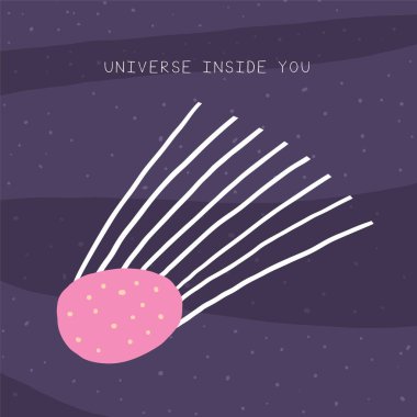 Komik elli şirin uzay kartpostalı çizilmiş karalama kuyruklu yıldız, göktaşı, asteroid, bolide. Kozmik, evren, gece gökyüzü örtüsü, şablon, afiş, poster, baskı. Çocuklar için arkaplanınızdaki çizgi film tarzı evren