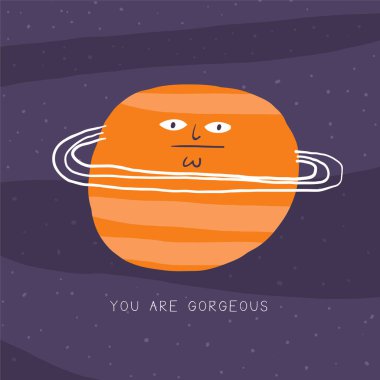 Komik elli şirin uzay kartpostalı Satürn gezegeni karakterini karaladı. Kozmik, evren, gece gökyüzü örtüsü, şablon, afiş, poster, baskı. Çizgi film stili. Çocuklar için harika bir geçmişin var.