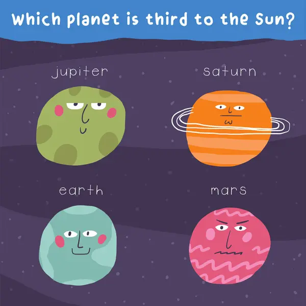 아이들을위한 게임을 있습니다 귀여운 손으로 그려진 재미있는 태양계 지구와 천문학 — 스톡 벡터