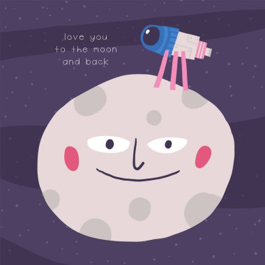 Komik elle çizilmiş şirin uzay kartpostalı, karalama ay, teleskop. Kozmik, evren, gece gökyüzü örtüsü, şablon, afiş, poster, baskı. Çocuklar için tişört izi kompozisyonu. Seni her şeyinle seviyorum.