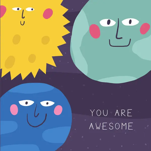 Cute Kosmiczna Pocztówka Zabawnym Ręcznie Rysowane Doodle Rakiety Satelita Kometa — Wektor stockowy