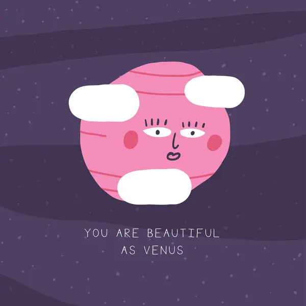 Cute Space Pocztówka Zabawnym Ręcznie Rysowane Doodle Wenus Planety Chmury — Wektor stockowy