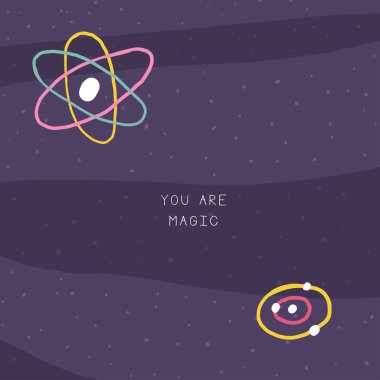 Komik elle çizilmiş şirin uzay kartpostalı. Sen sihirli kartsın. Kozmik, evren, gece gökyüzü örtüsü, şablon, afiş, poster, baskı. Çocuklar için çizgi film tarzı arkaplan