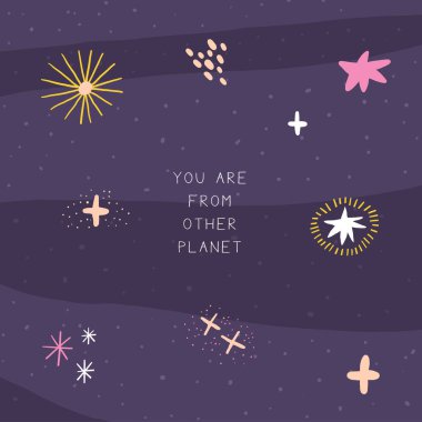 Komik elle çizilmiş şirin uzay kartpostalı. Sen diğer gezegen kartındansın. Kozmik, evren, gece gökyüzü örtüsü, şablon, afiş, poster, baskı. Çocuklar için çizgi film tarzı arkaplan