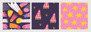 Sevimli evren, uzay, evren kusursuz desen. Komik el çizimleri uçak, araç, uzay aracı, yıldızlar, kuyruklu yıldız, göktaşı, asteroit gibi tekrarlanabilir desenler çiziyor. Gece gökyüzü temalı arkaplan