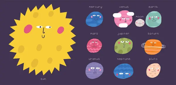 Mignon Espace Drôle Dessiné Main Planètes Système Solaire Doodle Mercure — Image vectorielle