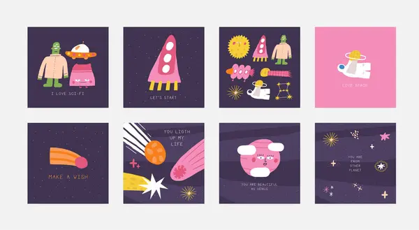 Cute Space Postcard Funny Hand Drawn Doodle Rocket Cosmonaut Comet Stock Illustration