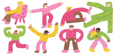 Erkek simgeleri. Güzel el çizimi, izole edilmiş erkek beyefendiler. Adamım, erkeklerin geçmişi. Şaraplı adam, top, alışveriş, selfie, çalışma.