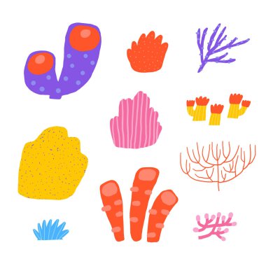 Komik elli şirin sualtı kartpostalı karalama mercanı, sünger, deniz otu, deniz bitkisi. Deniz, okyanus dibi resif örtüsü, şablon, afiş, poster, baskı. Çocuklar için çizgi film tarzı arkaplan