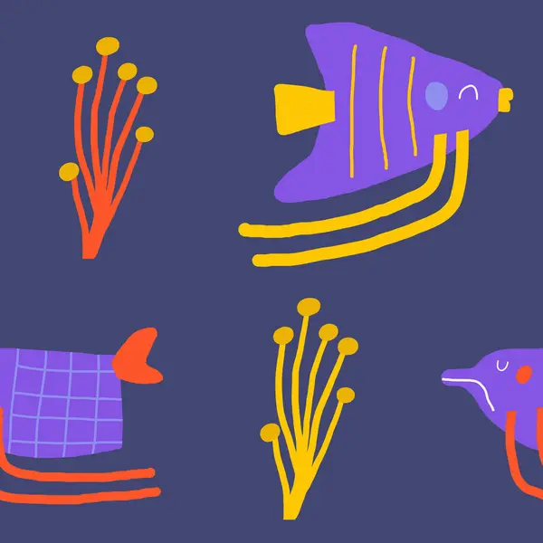 귀여운 원활한 패턴입니다 손으로 그려진 Angelfish 물고기 Seeweed와 가능한 벡터 그래픽